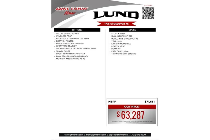 Slide: The Image of 2026 Lund 1775 Crossover XS boat features, pricing, and specifications sheet. - 1