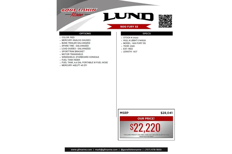 Slide: The Image of 2026 Lund 1600 Fury SS boat advertisement with specifications and pricing details. - 9