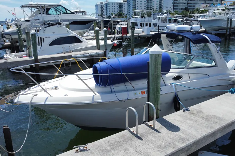 Slide: The Image of 2005 Monterey 302 Cruiser docked at marina with blue canopy and rolled mat. - 5