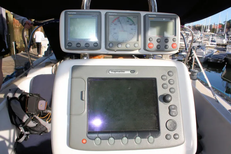 Slide: The Image of Cockpit of 1976 Tartan 38 sailboat with Raymarine navigation instruments. - 10