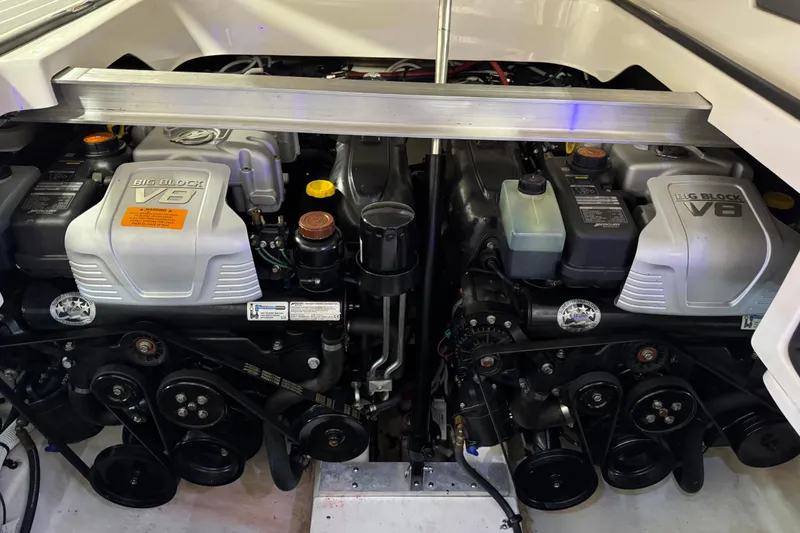 Slide: The Image of 2014 Chaparral 327 SSX boat engine compartment with dual big block V8 engines. - 20