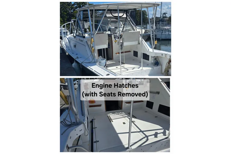 Slide: The Image of 1987 Luhrs 30 Alura Classic boat with engine hatches open, seats removed. - 15