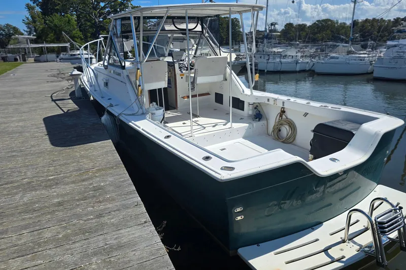 Slide: The Image of 1987 Luhrs 30 Alura Classic boat docked at a marina, featuring spacious deck and seating. - 7