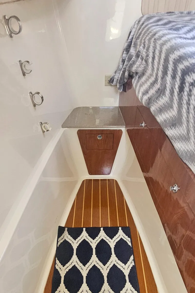 Slide: The Image of Interior of 2008 World Cat 320 EC boat with wood flooring and patterned rug. - 24