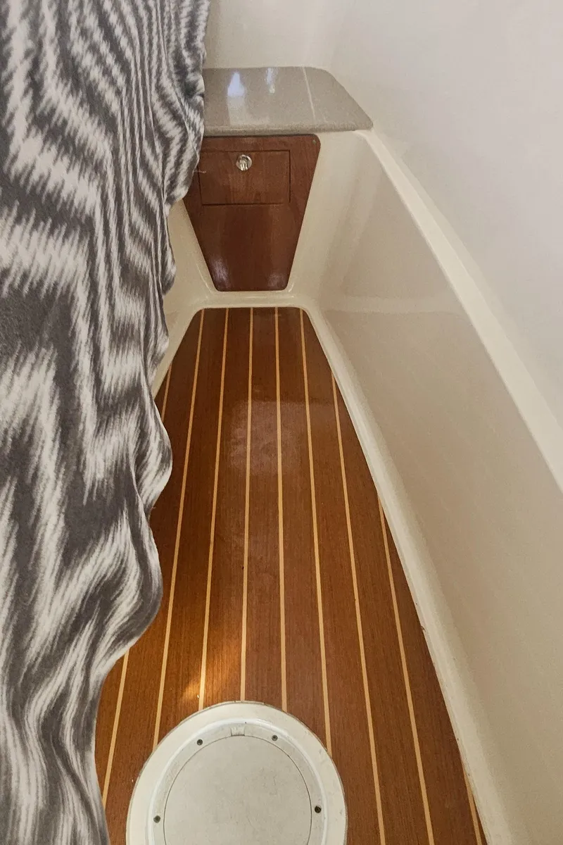 Slide: The Image of 2008 World Cat 320 EC interior with wood flooring and patterned fabric. - 28