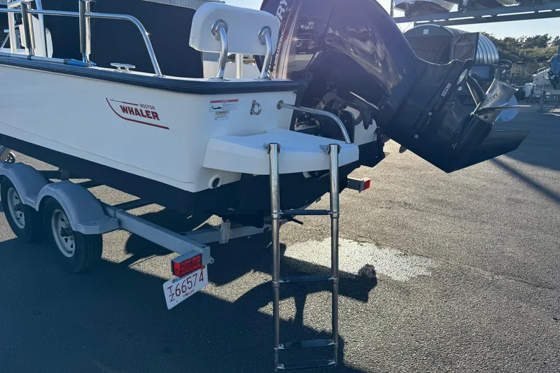 Slide: The Image of 2017 Boston Whaler 210 Montauk boat on trailer with outboard motor and ladder. - 18