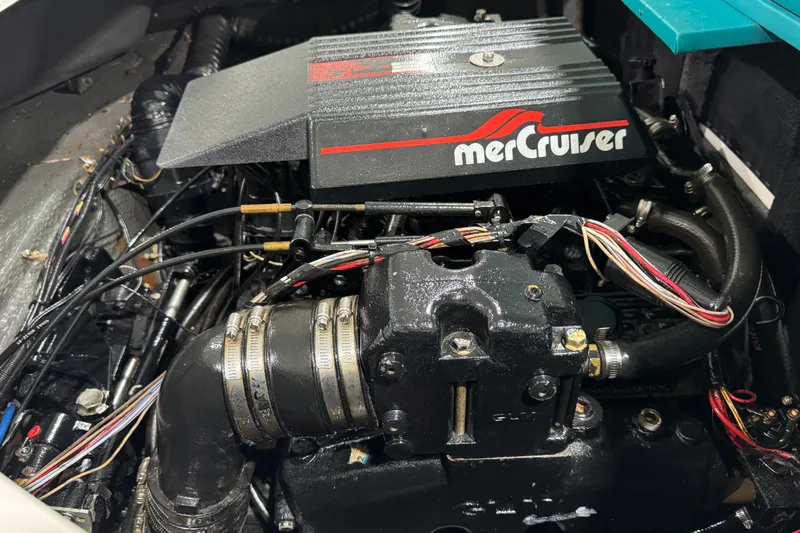 Slide: The Image of 1989 Glastron/Carlson 19 CSS boat engine with MerCruiser components, detailed view. - 17