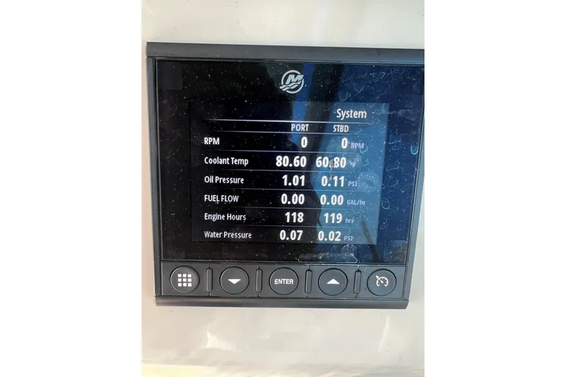 Slide: The Image of Dashboard display of a 2021 Boston Whaler 280 Vantage showing engine metrics. - 15