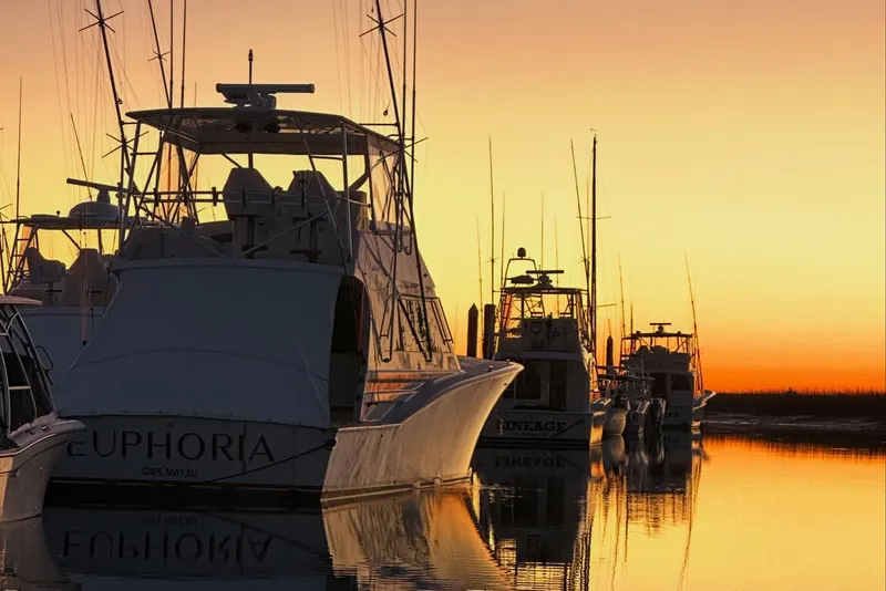 Slide: The Image of Sunset view of Custom Carolina Precision Sportfish boats docked, reflecting on calm water. - 30