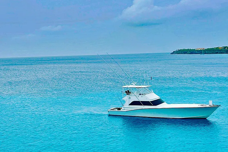 Slide: The Image of Custom Carolina Precision Sportfish 2000 on tranquil blue ocean near a distant island. - 34