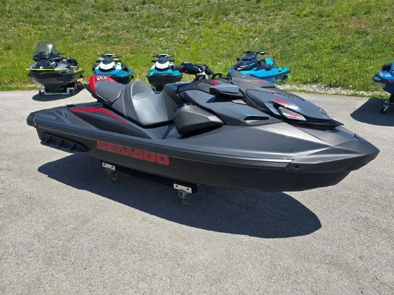 Slide: The Image of 2026 Sea-Doo GTR-X 300 jet ski on display outdoors. - 18