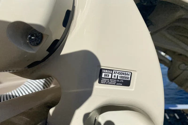 Slide: The Image of Close-up of Yamaha motor label on 2024 Grady-White Freedom 375 boat. - 27