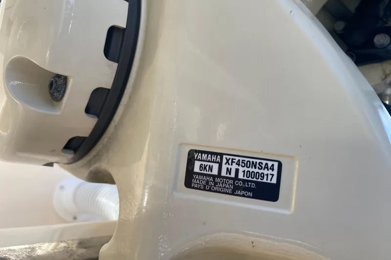 Slide: The Image of Close-up of Yamaha motor label on 2024 Grady-White Freedom 375 boat. - 29