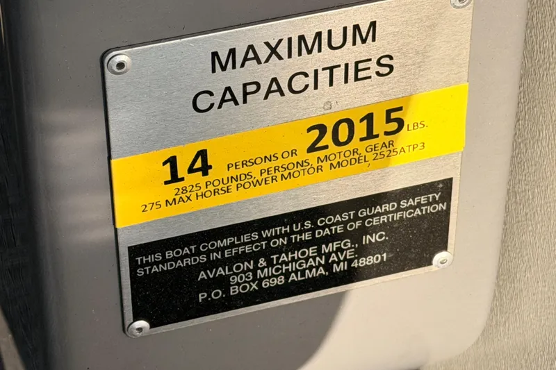 Slide: The Image of 2022 Avalon 2585 ENT Catalina Platinum capacity plate, 14 persons or 2015 lbs, 275 HP max. - 13