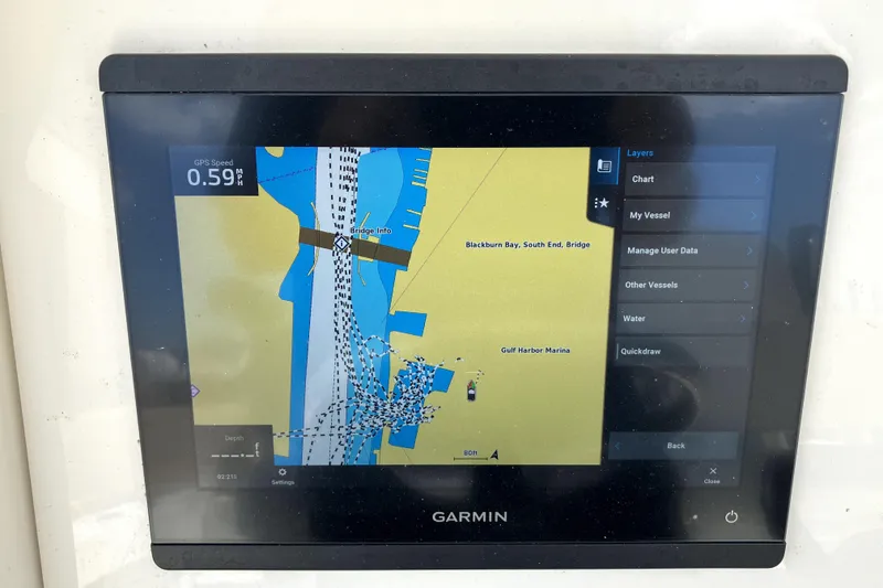 Slide: The Image of Garmin GPS display on 2024 Parker 2200 Center Console boat, showing navigation map. - 13