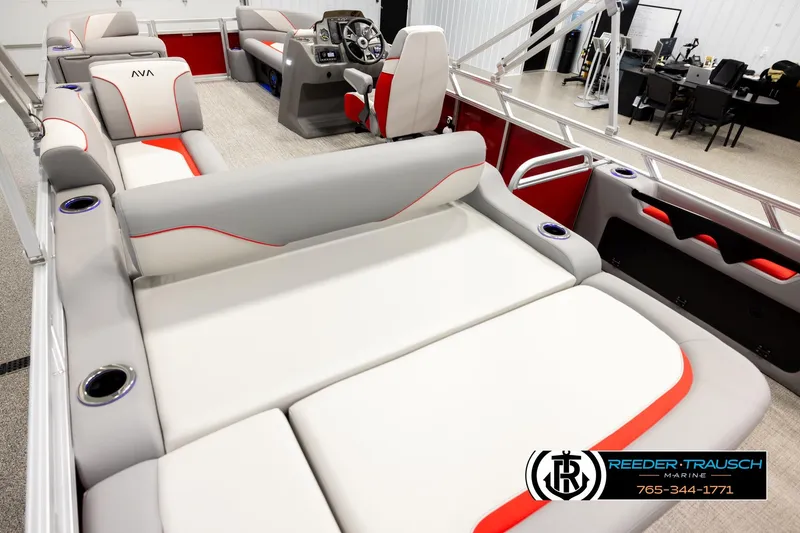 Slide: The Image of Luxurious 2026 Avalon VEN85 VRB pontoon boat interior with plush seating and modern design. - 11