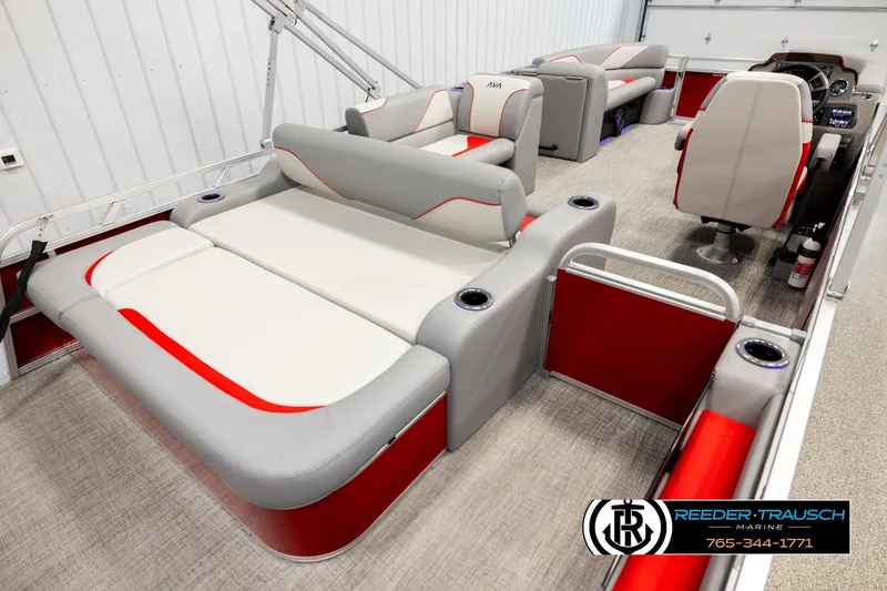 Slide: The Image of 2026 Avalon VEN85 VRB boat interior with red and gray seating, modern design. - 12