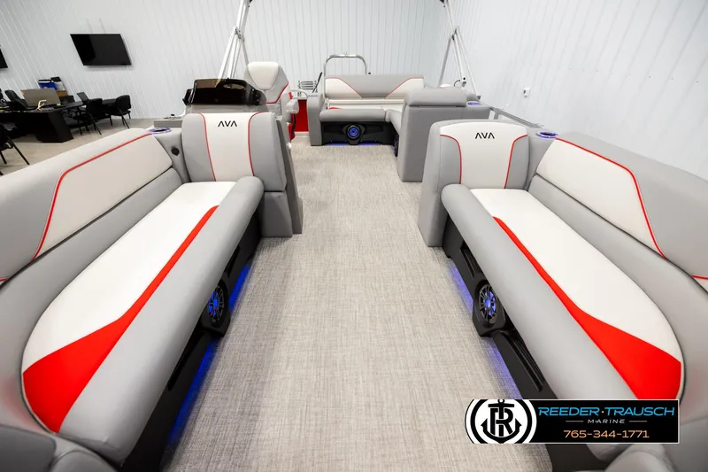 Slide: The Image of Luxurious interior of 2026 Avalon VEN85 VRB pontoon boat with modern seating and sleek design. - 13
