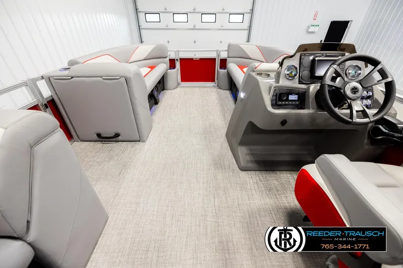 Slide: The Image of Interior of 2026 Avalon VEN85 VRB boat with modern helm and seating. - 17