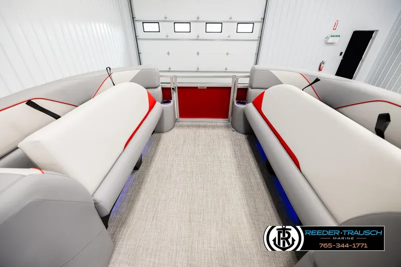 Slide: The Image of 2026 Avalon VEN85 VRB boat interior with modern seating and red accents in a showroom. - 19