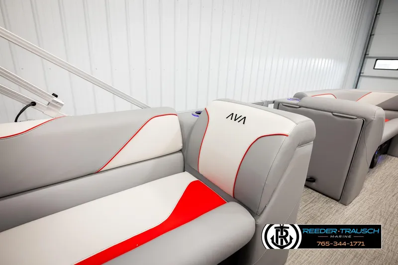 Slide: The Image of 2026 Avalon VEN85 VRB boat interior with modern gray and red seating design. - 20