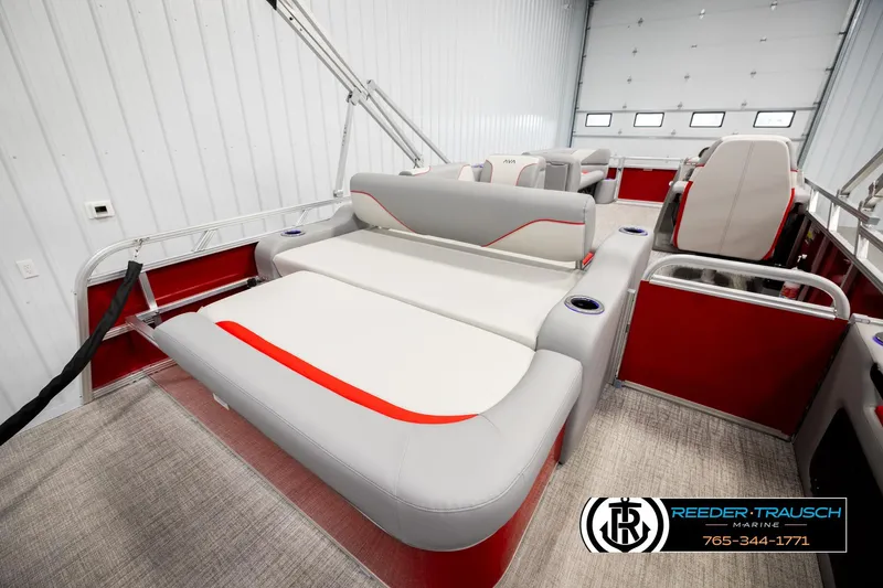 Slide: The Image of 2026 Avalon VEN85 VRB pontoon boat interior with red and gray seating, modern design. - 28