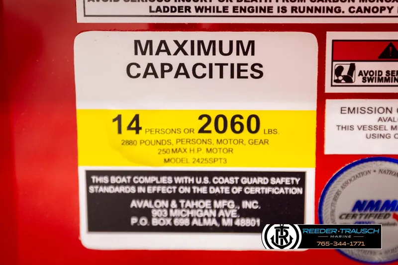 Slide: The Image of Maximum capacity label for Avalon VEN85 VRB 2026, 14 persons or 2060 lbs. - 56