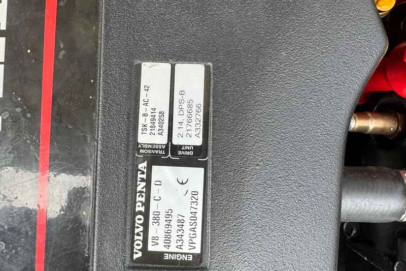 Slide: The Image of Volvo Penta engine label on 2015 Regal 2700 Bowrider boat, showing model and specifications. - 21