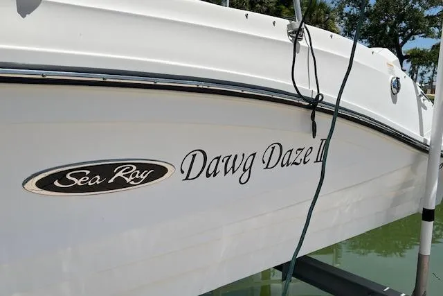 Slide: The Image of Sea Ray SPX 230 boat, 2020 model, named "Dawg Daze II" docked on water. - 2