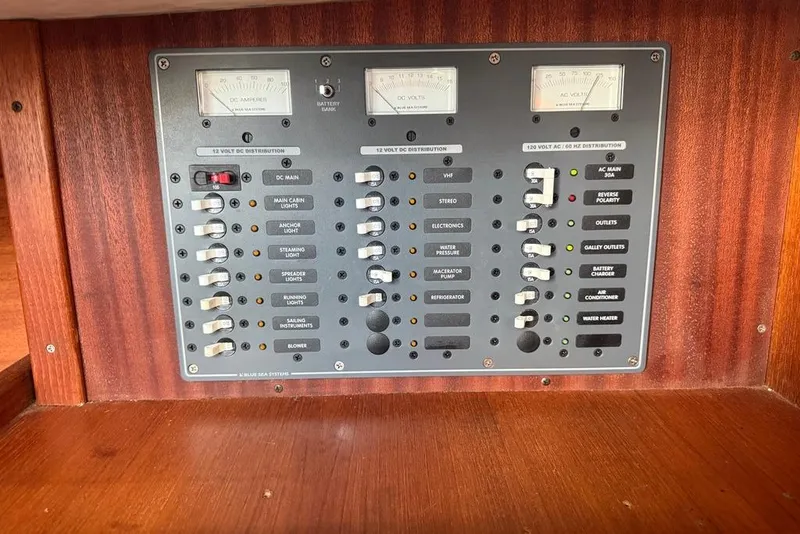 Slide: The Image of Electrical control panel on a 1986 Tartan 37' sailboat, featuring various switches and gauges. - 18