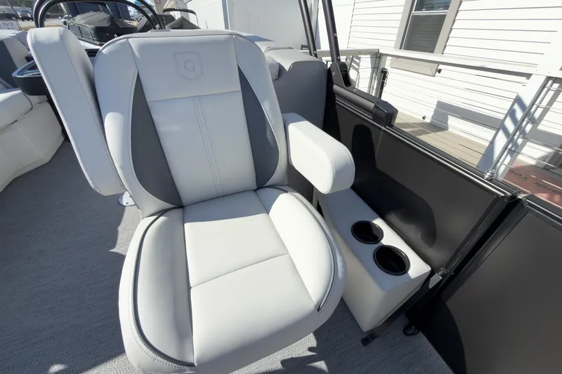 Slide: The Image of Luxurious seating on 2026 Godfrey Sweetwater 22' Split Bench Tritoon with cup holders. - 44