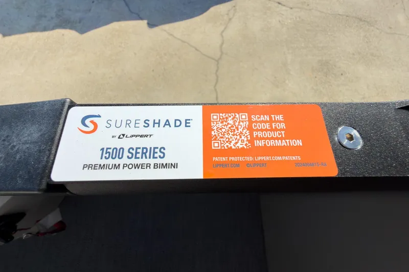 Slide: The Image of SureShade 1500 Series Premium Power Bimini label on Godfrey Sweetwater Tritoon. - 59