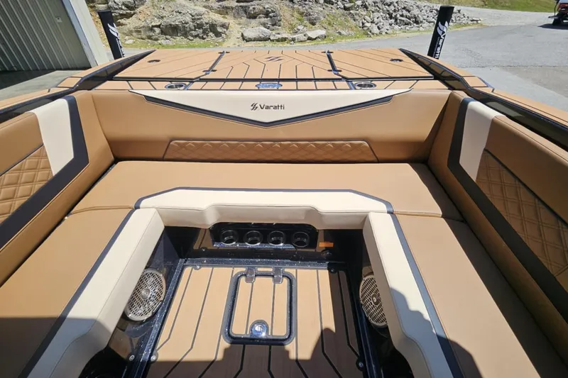 Slide: The Image of Luxurious interior of 2025 Varatti Z2474 boat with tan leather seating. - 5