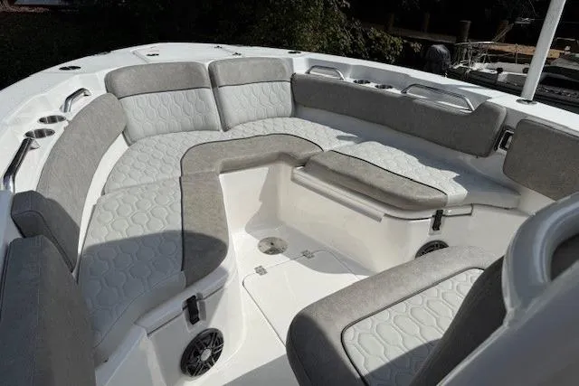 Slide: The Image of 2024 Sea Fox 228 Commander boat interior with seating and console details. - 17