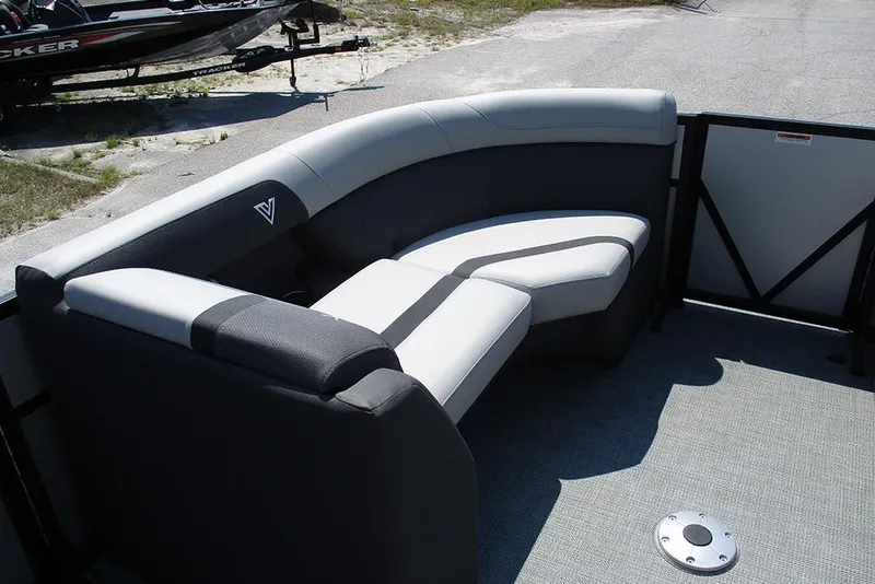 Slide: The Image of 2025 Viaggio Lago X20R boat interior with sleek, modern seating design. - 11