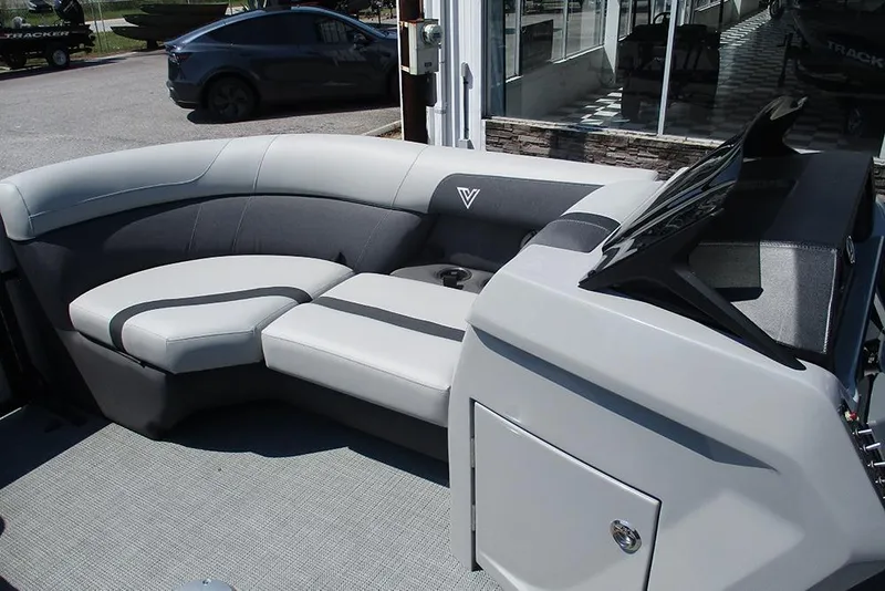 Slide: The Image of Luxurious seating in 2025 Viaggio Lago X20R boat, featuring sleek design and modern upholstery. - 15