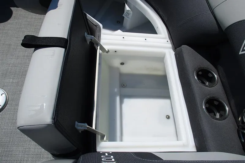Slide: The Image of Open storage compartment with cup holders on Viaggio Lago X20R boat, 2025 model. - 17