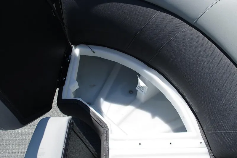 Slide: The Image of Viaggio Lago X20R 2025 boat storage compartment with cushioned seating, open for viewing. - 18