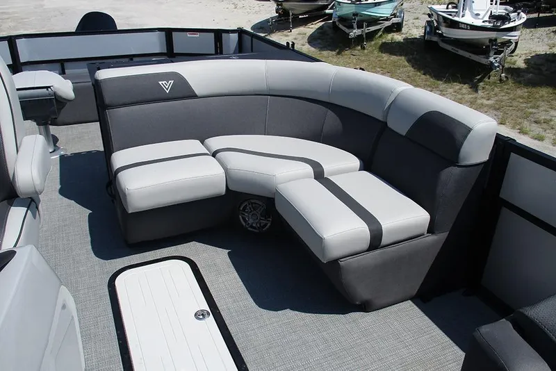 Slide: The Image of 2025 Viaggio Lago X20R boat interior with stylish gray seating and modern design. - 19