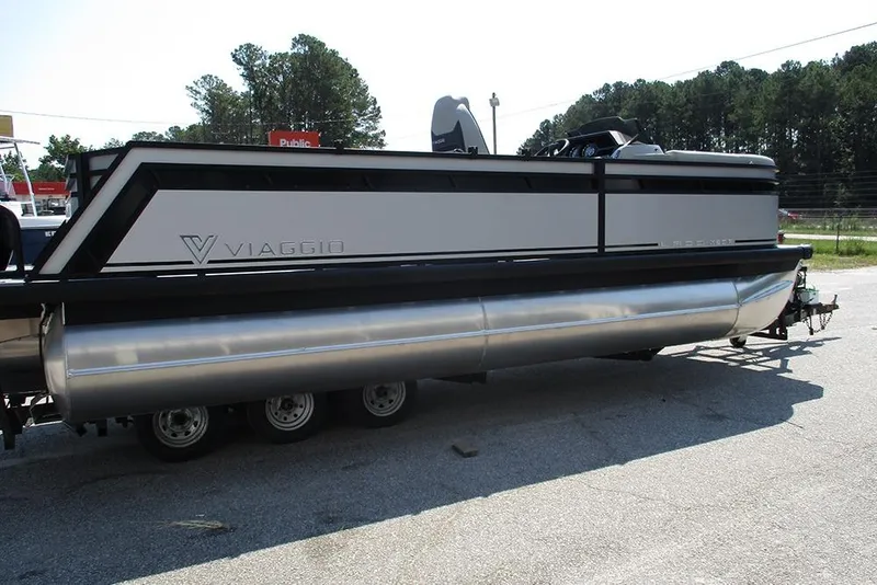 Slide: The Image of 2025 Viaggio Lago X20R pontoon boat on trailer, side view. - 6