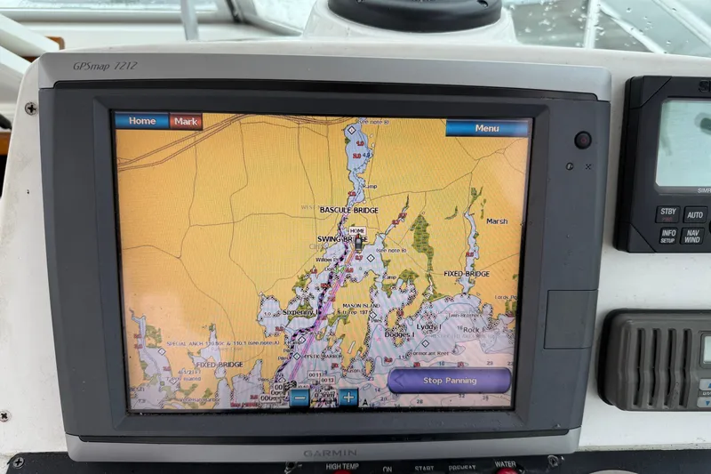 Slide: The Image of GPS navigation screen on a 2005 Back Cove 26 boat, displaying a detailed marine map. - 28