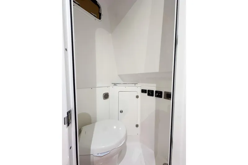 Slide: The Image of Modern bathroom interior in 2025 HCB 42 Lujo boat, featuring sleek design and compact layout. - 69