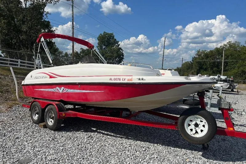 Slide: The Image of Red and white 2008 Spectra 2040 boat on trailer under blue sky. - 10