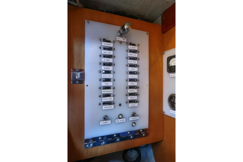Slide: The Image of Control panel of a 1971 Hinckley Bermuda 40 Custom Yawl with labeled switches. - 37