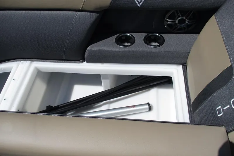 Slide: The Image of 2025 Viaggio Lago X22U boat interior storage compartment with cup holders and speaker. - 16