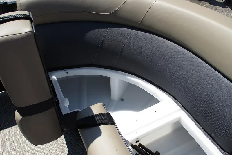 Slide: The Image of Viaggio Lago X22U 2025 boat seating with storage compartment, featuring beige and gray upholstery. - 17