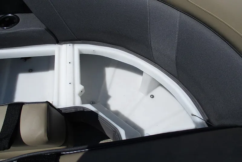 Slide: The Image of Interior seating of 2025 Viaggio Lago X22U boat, featuring gray and beige upholstery. - 28