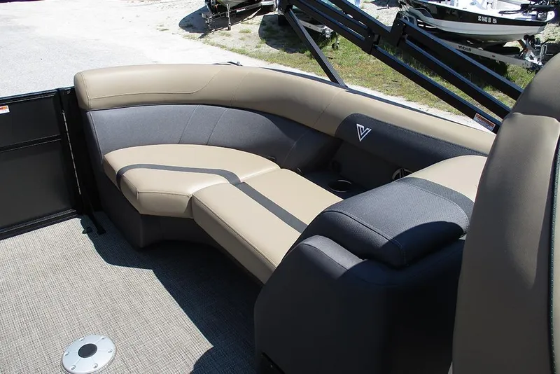 Slide: The Image of Luxurious seating on 2025 Viaggio Lago X22U pontoon boat, featuring beige and gray upholstery. - 29