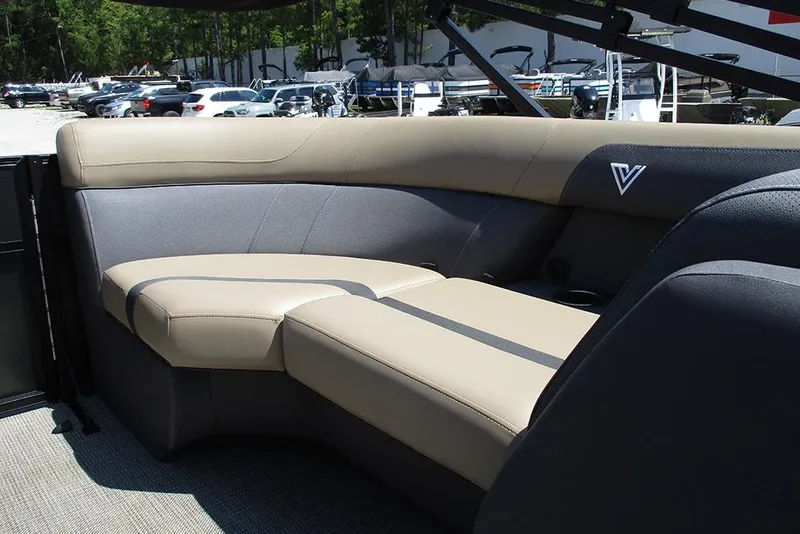 Slide: The Image of Luxurious seating on 2025 Viaggio Lago X22U boat, featuring beige and gray upholstery. - 32