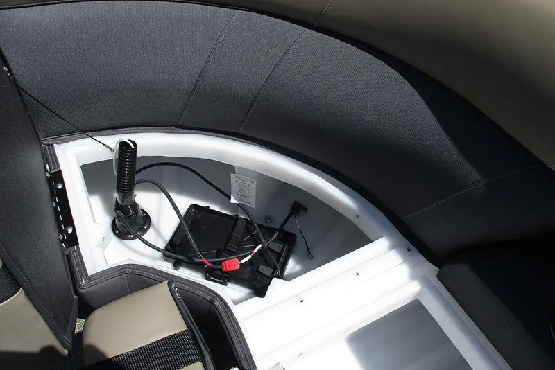 Slide: The Image of 2025 Viaggio Lago X22U boat interior storage compartment with battery and wiring. - 35